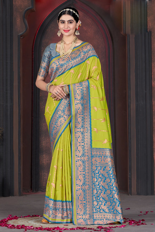 Lemon Green With Blue Border Wedding Wear Art Silk Saree