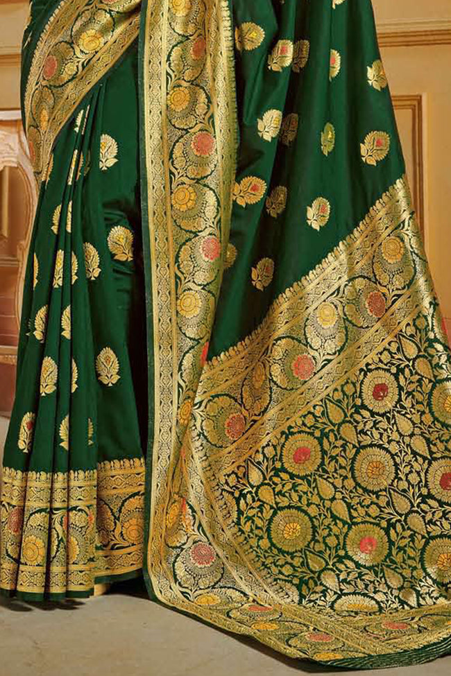 Dark Green Floral Linen Blend Banarasi Silk Saree