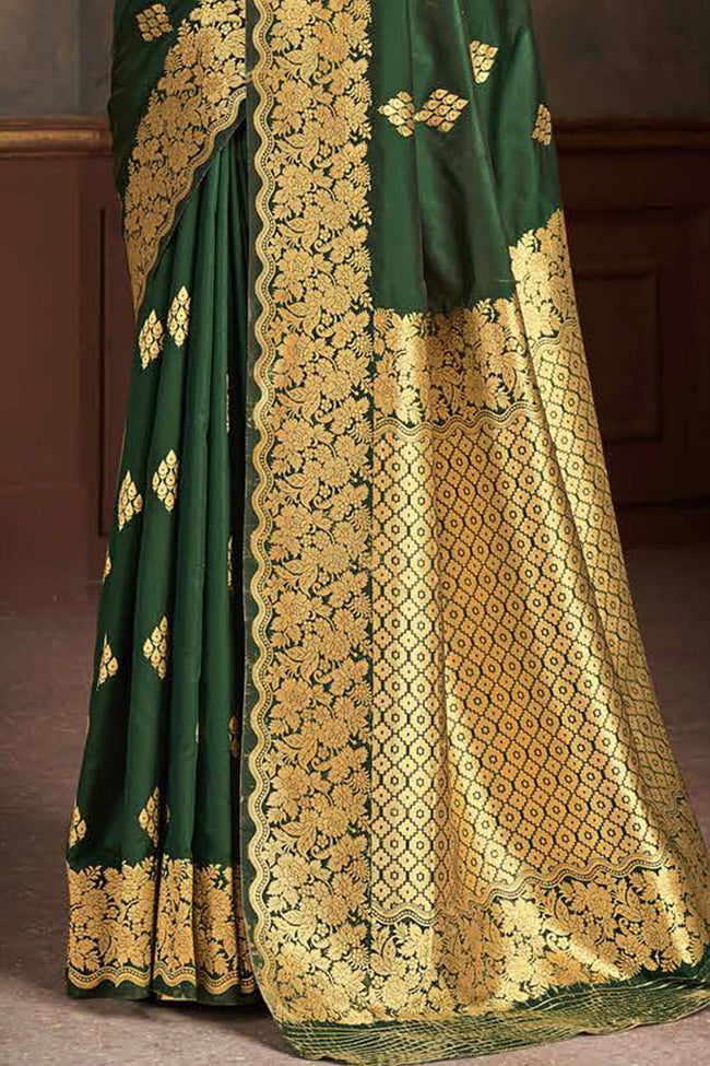 Forest Green Woven Silk Saree And Blouse Piece