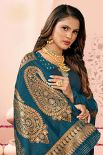 Dark Teal Saree In Silk Blend With Weaved Floral Motifs And Blouse Piece