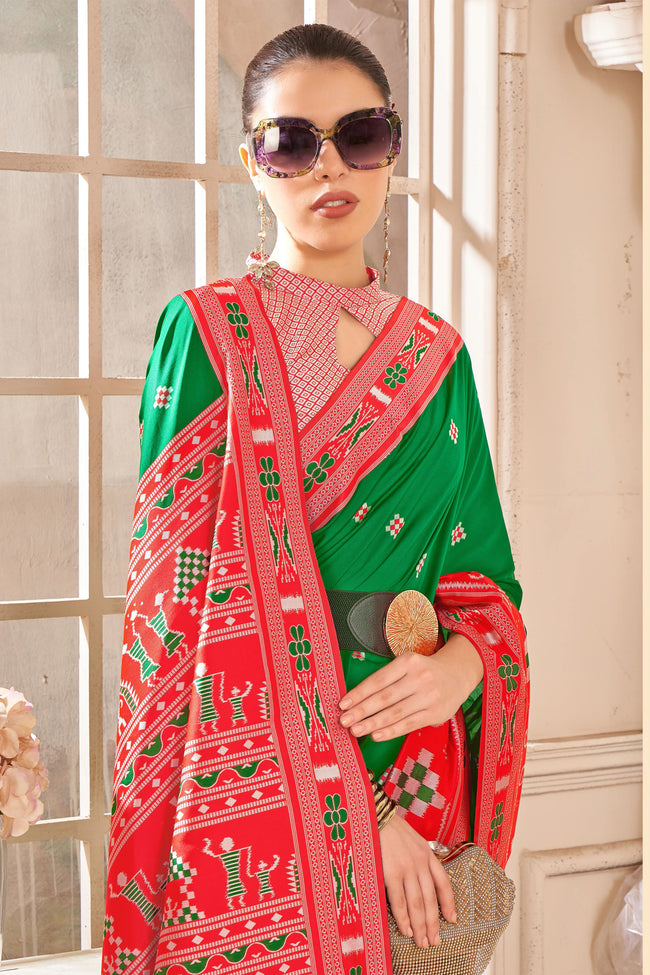 Green With Red Weaving Patola Silk Traditional Saree