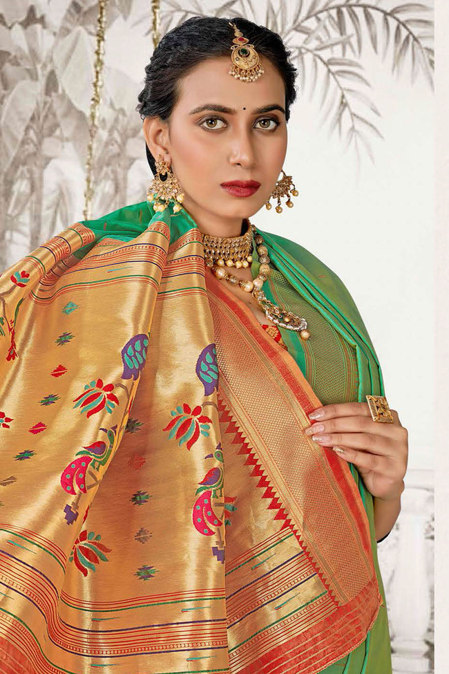 Mint Green With Red Woven Art Silk Paithani  Saree