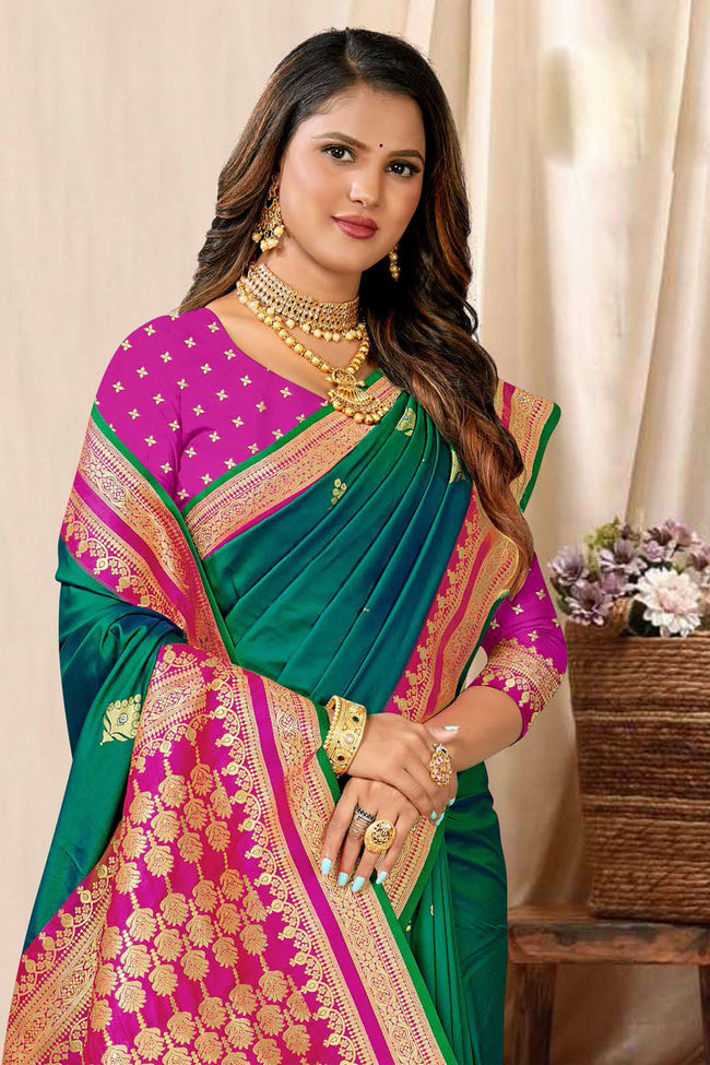 Shimmering Green With Pink Border Woven Art Silk Saree With Blouse Piece