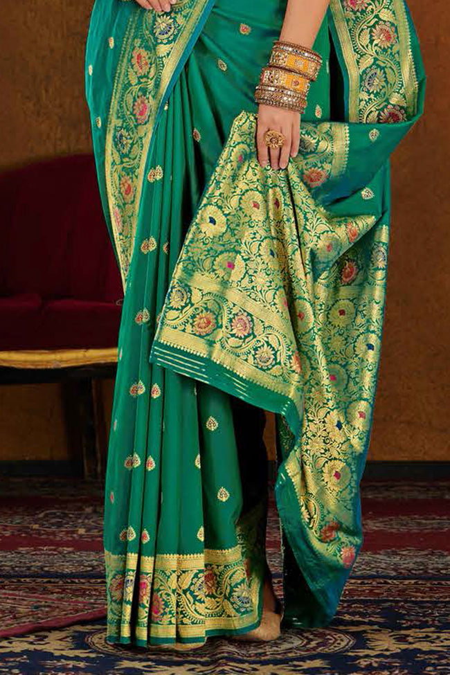 Sea Green Soft Woven Silk Saree And Blouse Piece