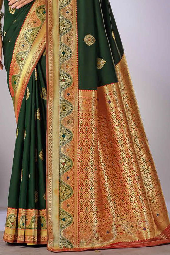 Forest Green With Red Woven Art Silk Saree