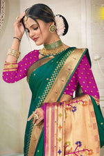 Rama Green With Rani Art Silk Paithani Saree With Blouse Piece