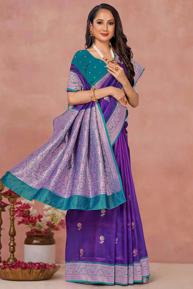 Violet With Steel Blue Weaving Work Festive Wear Saree