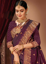 Dark Maroon Banarasi Silk Saree With Woven Floral Motifs And Blouse Piece