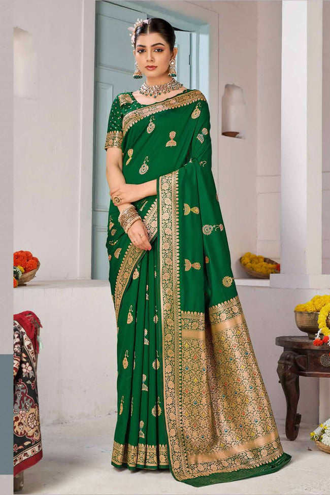 Sea Green Banarasi Silk Festival Traditional Saree With Blouse Piece