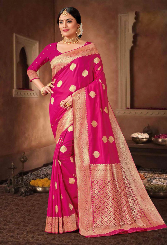 Rani Pink Saree In Art Handloom Silk With Woven Floral Buttis And Blouse Piece