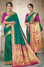 Rama Green With Rani Art Silk Paithani Saree With Blouse Piece