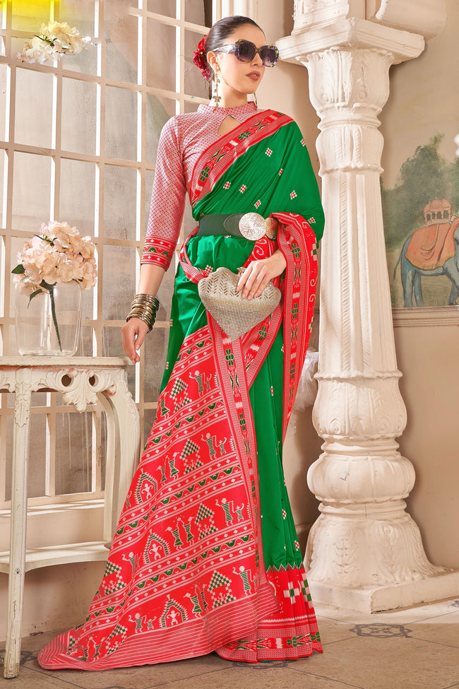 Green With Red Weaving Patola Silk Traditional Saree