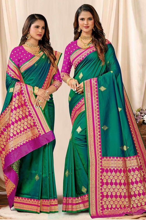 Shimmering Green With Pink Border Woven Art Silk Saree With Blouse Piece