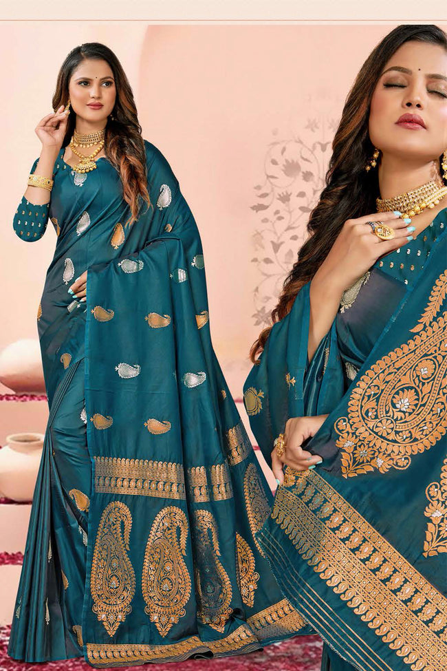 Dark Teal Saree In Silk Blend With Weaved Floral Motifs And Blouse Piece