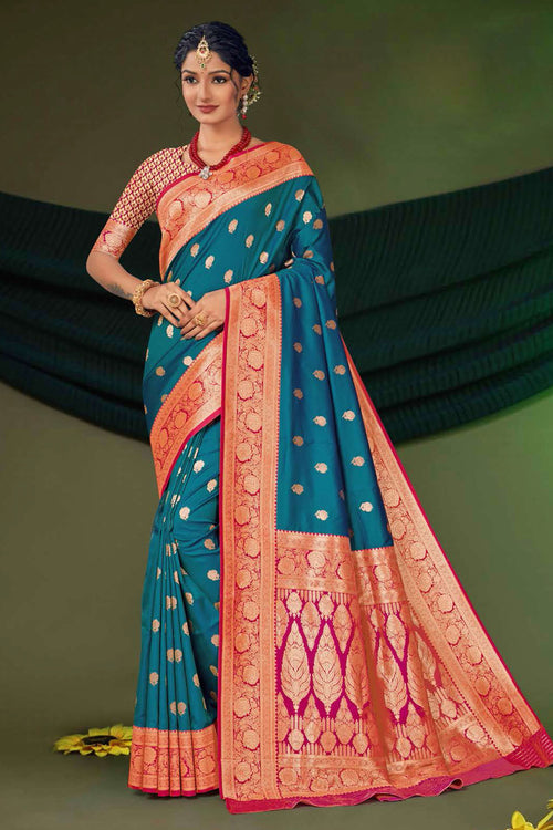 Steel Blue Woven Art Silk Saree With Blouse Piece