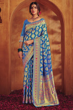 Cerulean Blue & Gold-Toned Woven Design Zari Buti Silk Blend Banarasi Saree