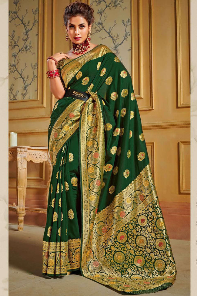Dark Green Floral Linen Blend Banarasi Silk Saree