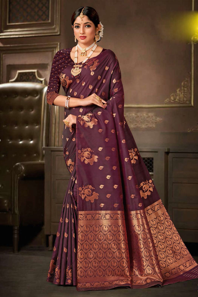 Brown Saree In Silk Blend With Weaved Floral Motifs And Blouse Piece