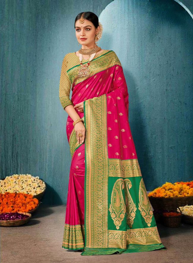 Deep Pink And Green Zari Enhanced Silk Saree With Blouse Piece