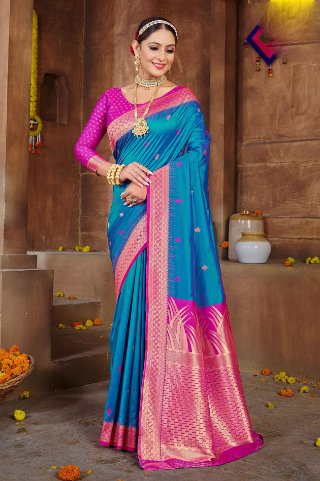 Royal Blue With Pink Border Silk Traditional Saree