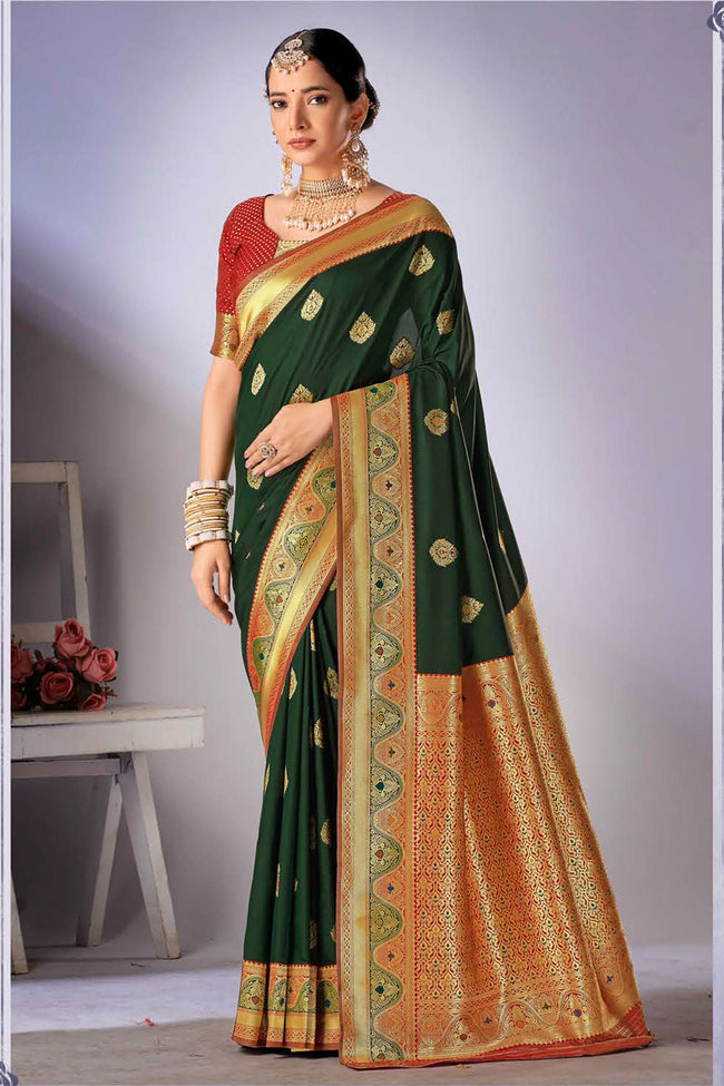 Forest Green With Red Woven Art Silk Saree