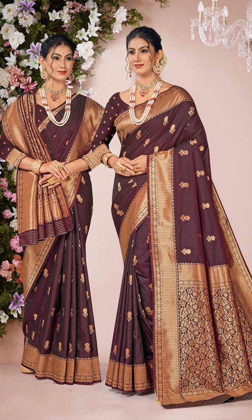 Dark Brown Woven Art Silk Saree With Blouse Piece