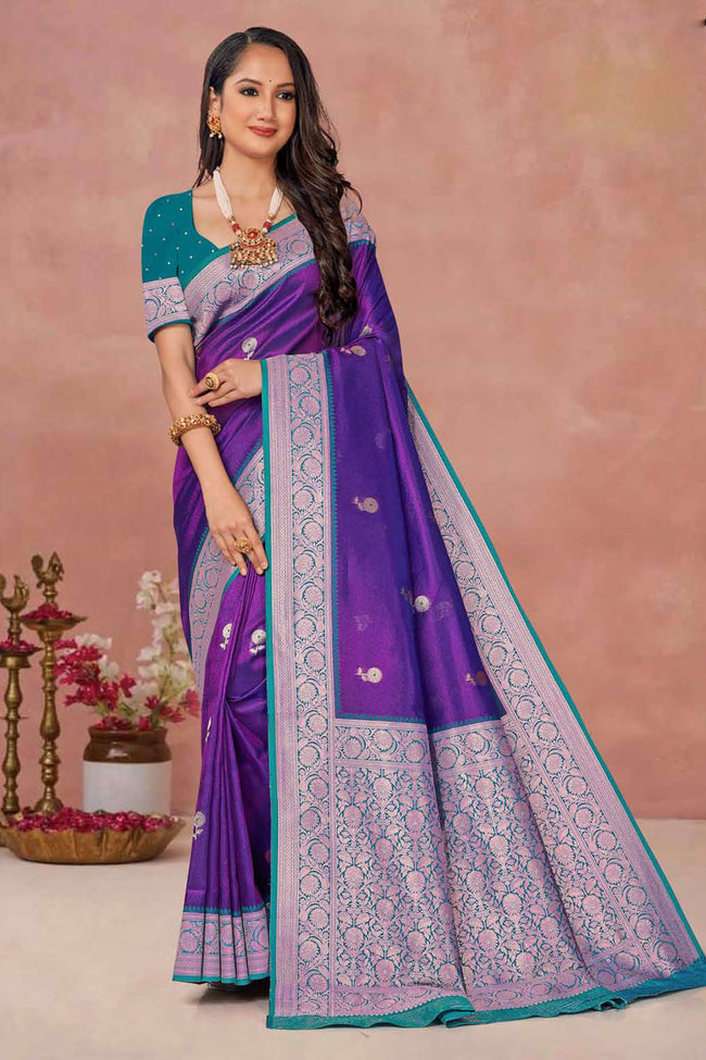 Violet With Steel Blue Weaving Work Festive Wear Saree