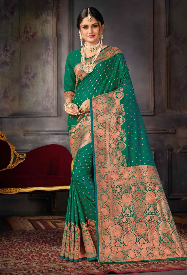 Sea Green Weaving Silk Saree With Zari Border Tassal Pallu Blouse Piece