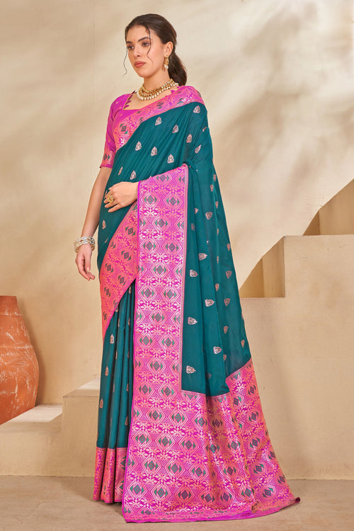 Dark Blue & Pink Woven Festival Wear Silk Saree With Blouse Piece