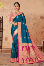 Teal Blue With Pink Woven Art Silk Saree