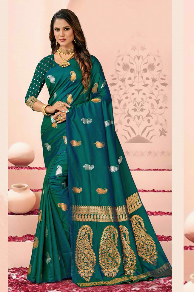 Turquoise Saree In Silk Blend With Weaved Floral Motifs And Blouse Piece