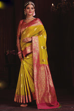 Mustard Yellow with Pink Border Art Silk Wedding Saree