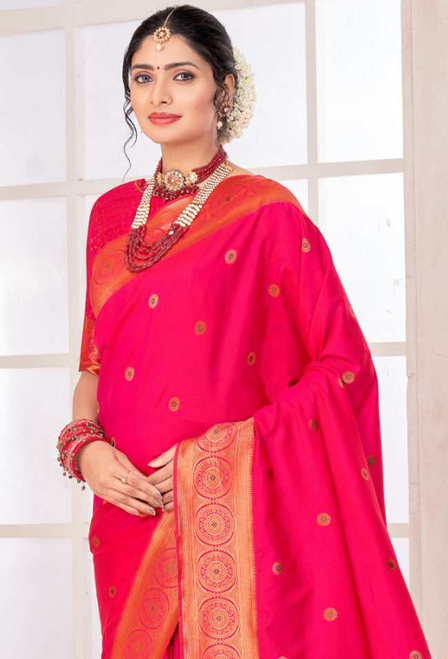 Raspberry Red Arts Silk Paithani Saree With Blouse Piece