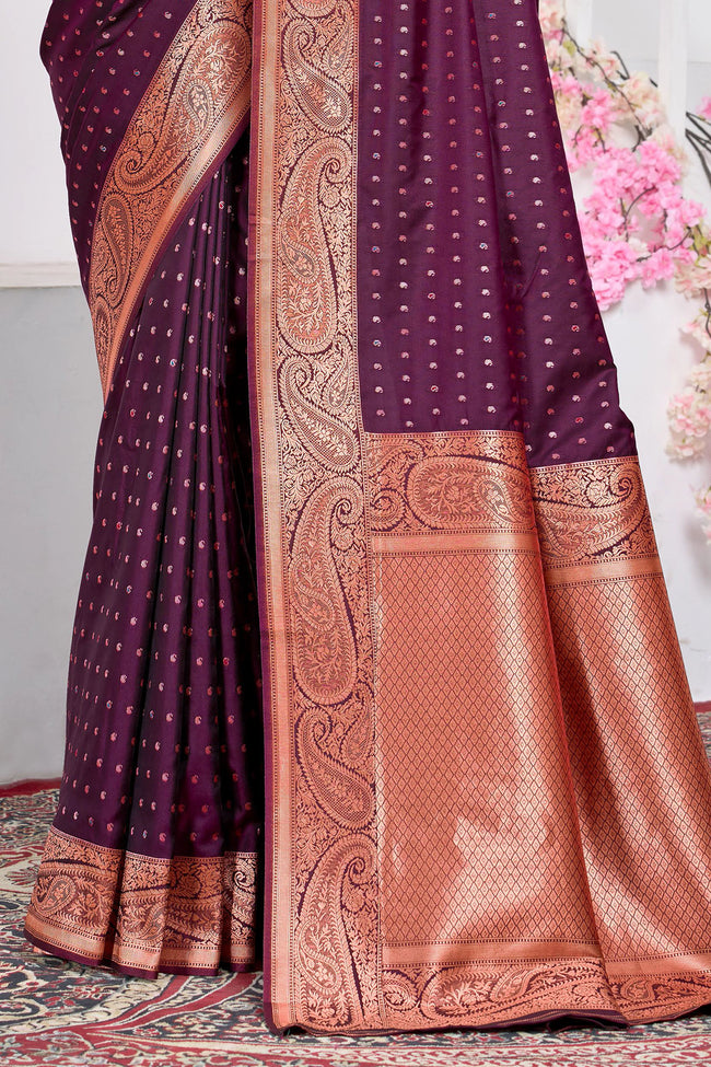 Wine With Weaving Zari Border Silk Saree