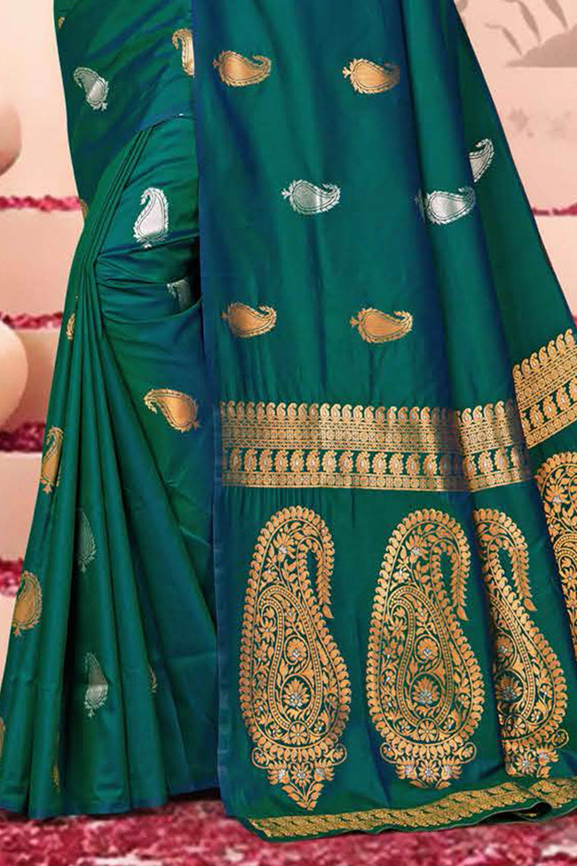 Turquoise Saree In Silk Blend With Weaved Floral Motifs And Blouse Piece