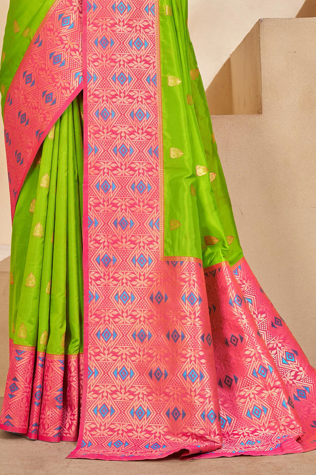 Piquant Green & Pink Woven Festival Wear Silk Saree With Blouse Piece