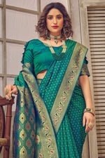 Dark Teal  & Gold-Coloured Ethnic Motifs Woven Design Silk Blend Banarasi Saree