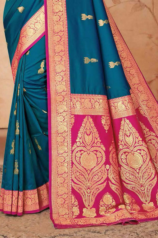 Teal Blue With Pink Woven Art Silk Saree