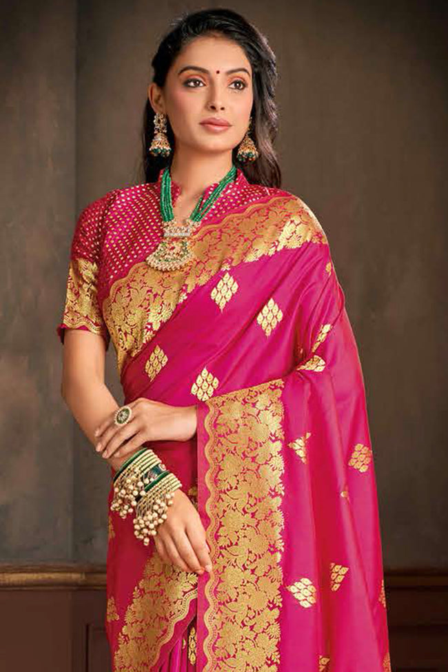 Ruby Pink Woven Silk Saree And Blouse Piece
