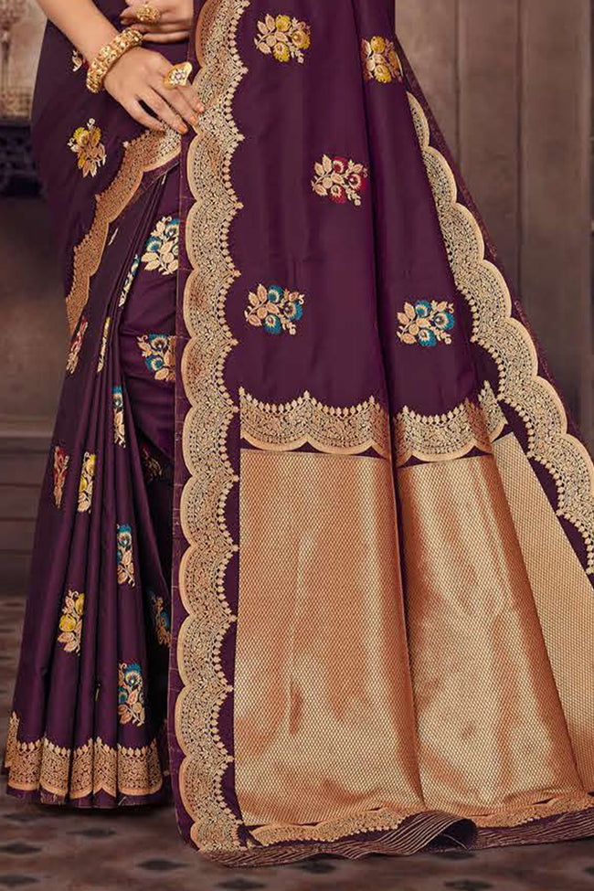 Brown Embroidered Art Silk Saree With Blouse Piece