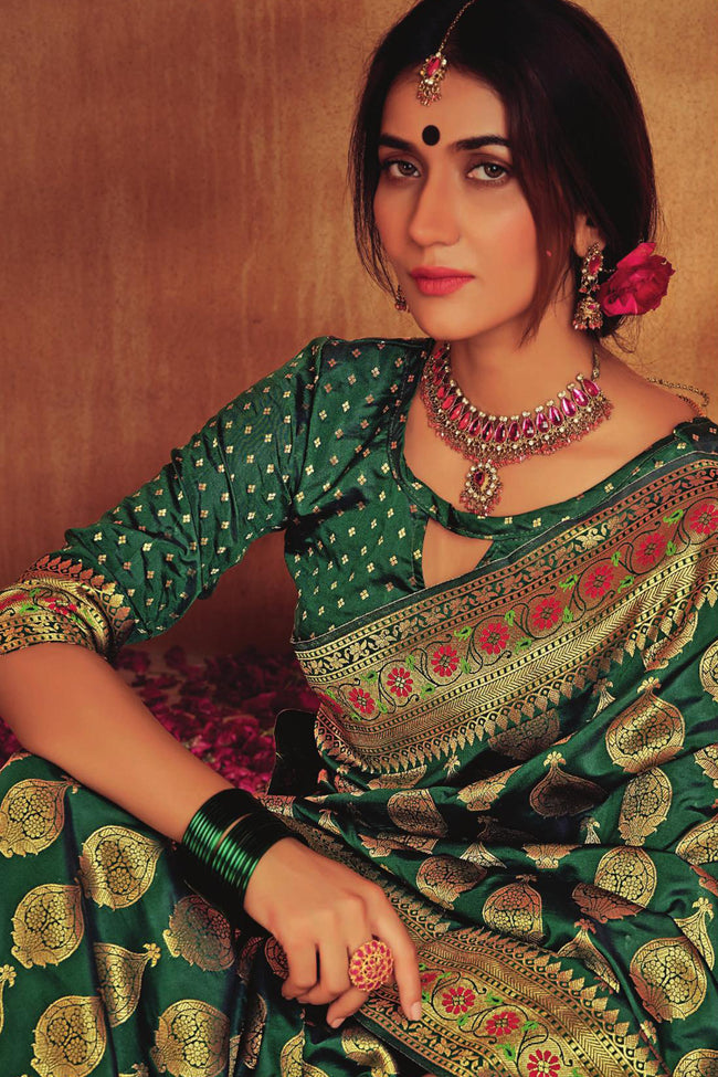 Emerald Green & Gold-Toned Woven Design Zari Buti Silk Blend Banarasi Saree