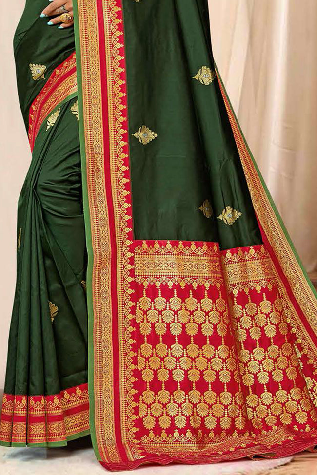 Forest Green With Red Border Woven Art Silk Saree With Blouse Piece