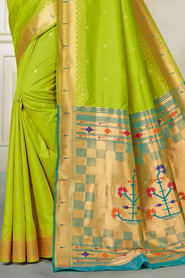 Olive Green With Aqua Art Silk Paithani Saree With Blouse Piece