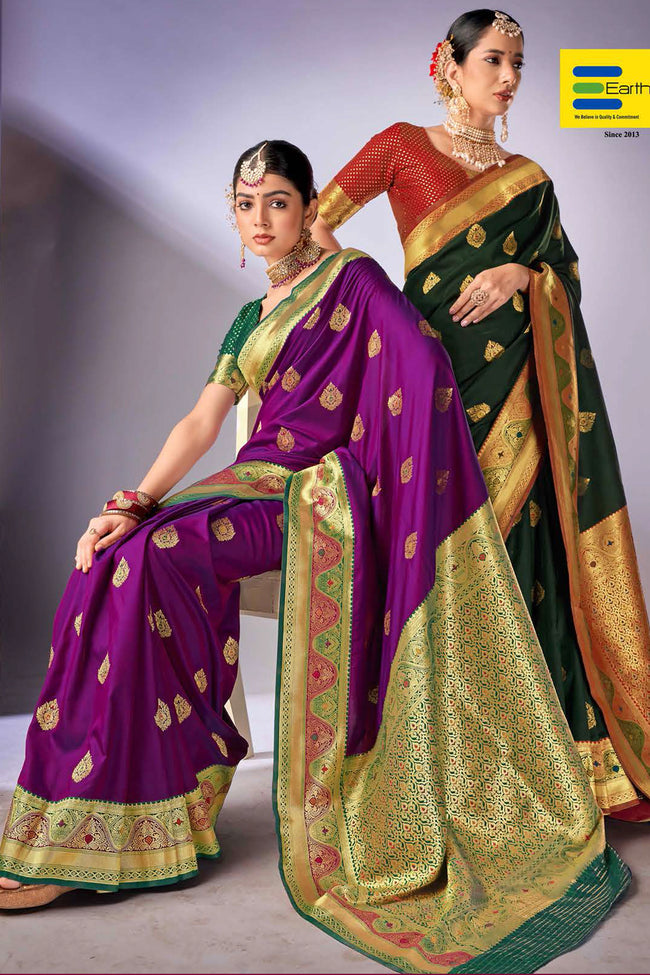Purple With Green Woven Art Silk Saree