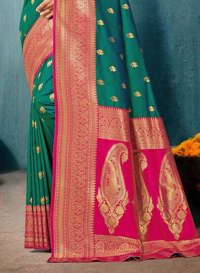 Rama Green And Pink Zari Enhanced Silk Saree With Blouse Piece