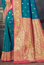 Blue With Pink Woven Art Silk Saree With Blouse Piece