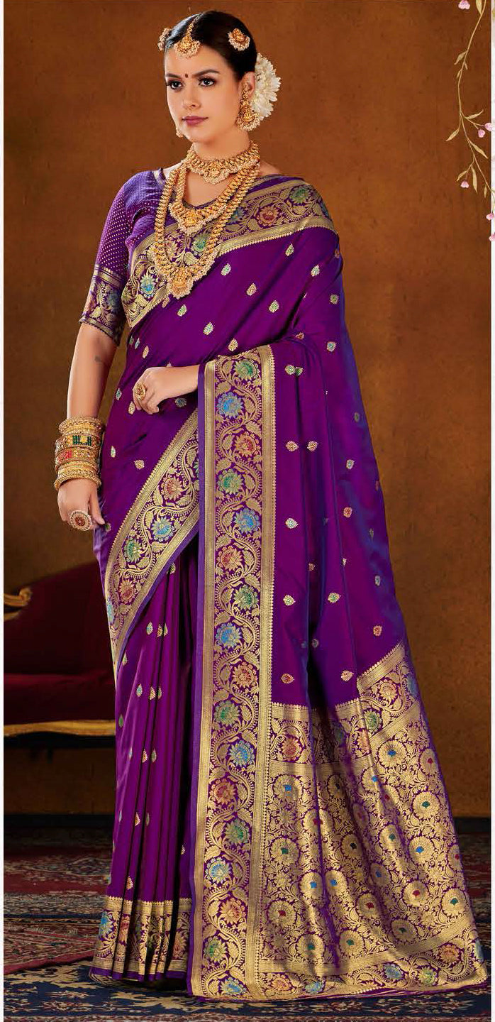 Buy online Pure kanjeevaram silk Saree with Gold zari woven Rich Pallu -  Purple-AF841