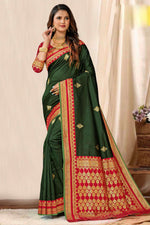 Forest Green With Red Border Woven Art Silk Saree With Blouse Piece