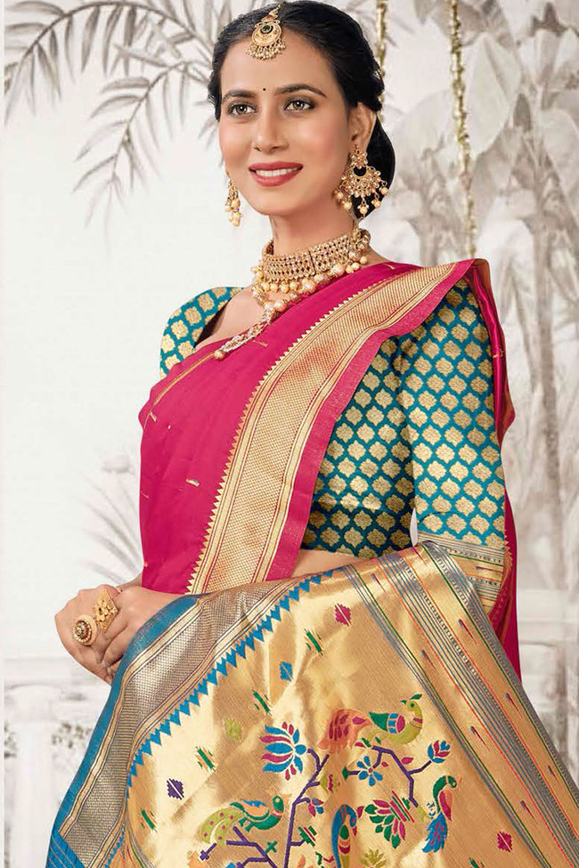 Fuchsia With Blue Woven Art Silk Paithani  Saree