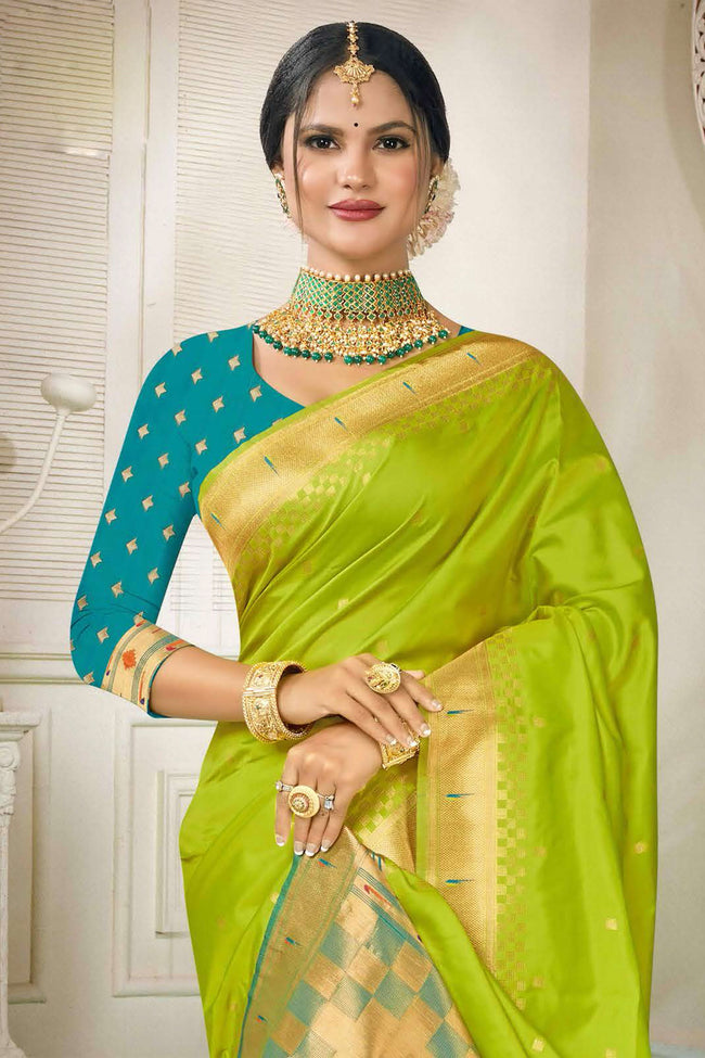 Olive Green With Aqua Art Silk Paithani Saree With Blouse Piece